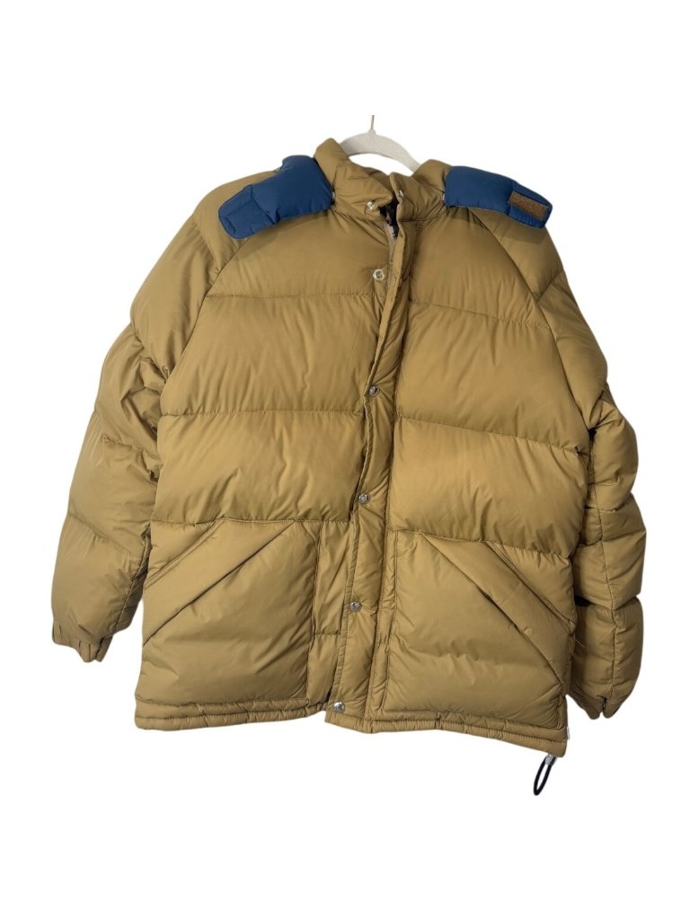 Vtg Penfield Mens Size M Puffer Jacket Down Hooded Winter Coat Tan Blue Outdoors